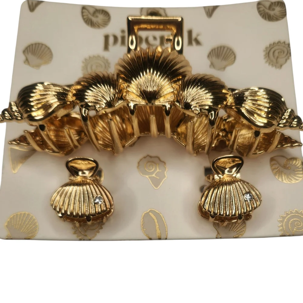 Piper K Gold Rhinestone Accented Seashell Hair Clip Set